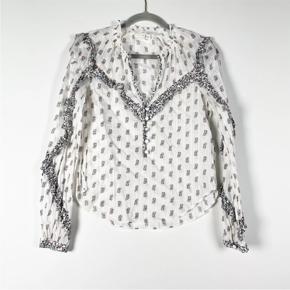 Veronica Beard Abra Cotton Micro White Floral Print Blouse Size 8